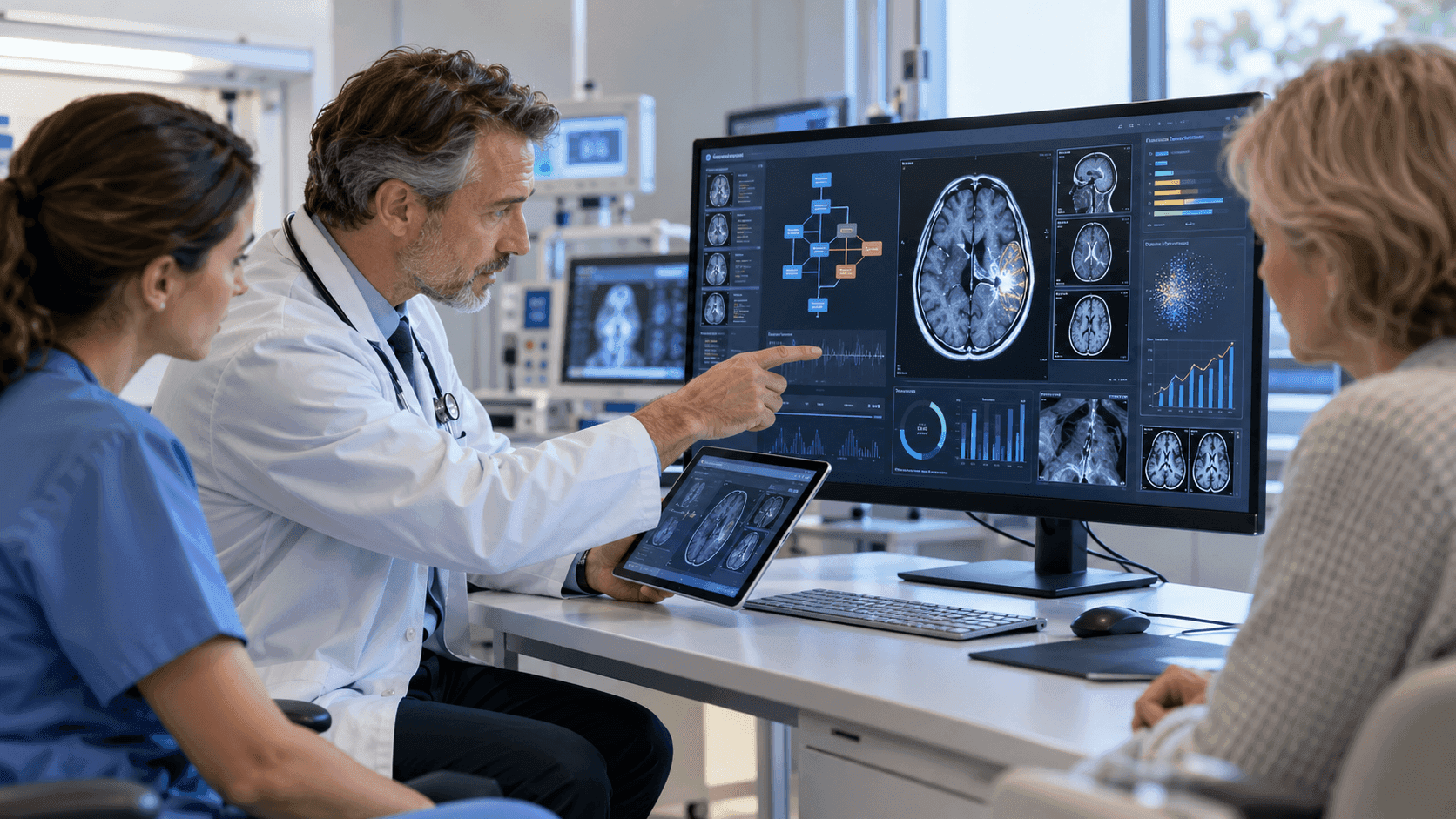 Medical staff reviewing brain scans and digital diagnostic displays on a monitor.