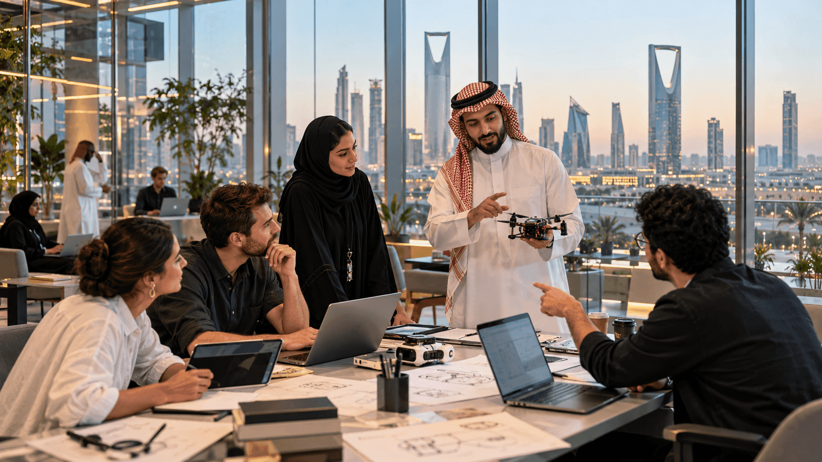 Illustration of a team meeting around laptops with a city skyline beyond the windows.