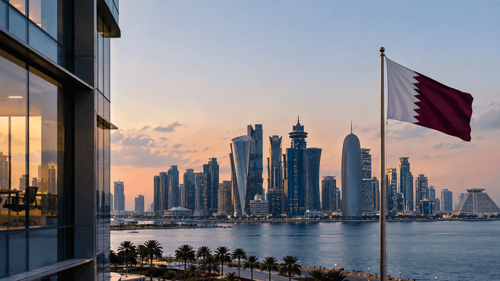 Qatar flag overlooking the Doha skyline at sunset.