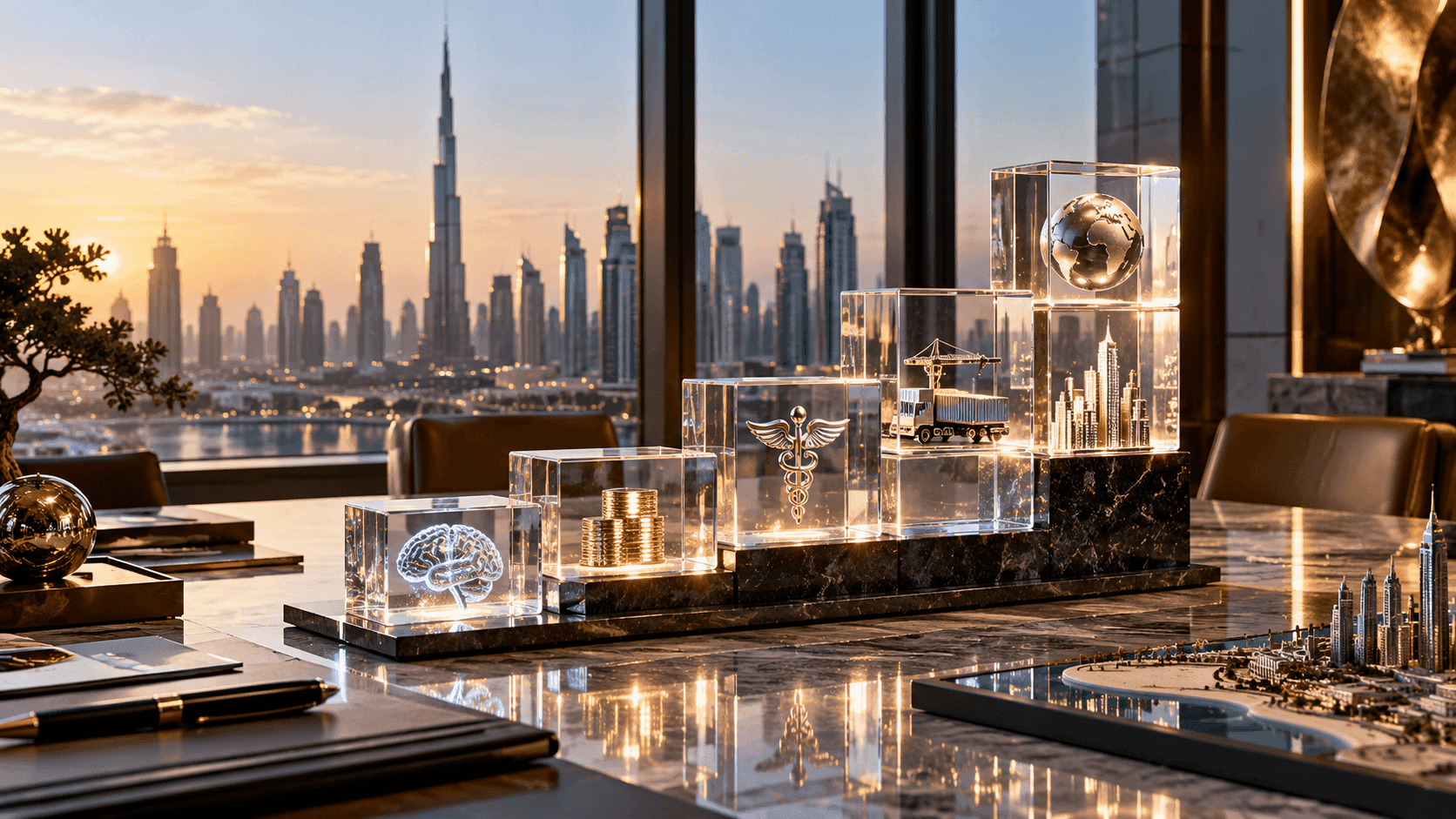 Illustration of a modern office interior overlooking a city skyline at sunset.
